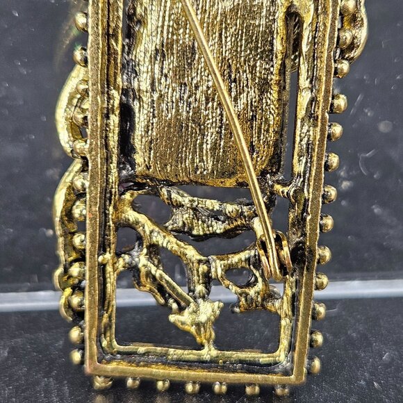 Monet Rectangle Lapel Pin Brooch Pendant Rhinestones Gold Plated Jewelry 2.25" - Picture 7 of 10